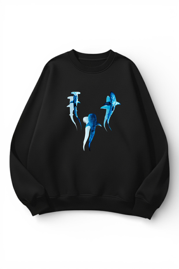 Unisex Soft Textured Sapphire Whale Printed Design Oversize 3 Thread Crew Neck Sweatshirt