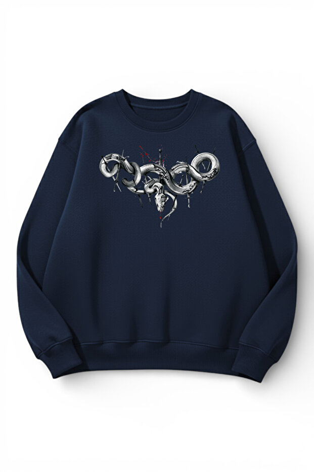 Unisex Soft Textured Snake Tribal Printed Design Oversize 3 Thread Crew Neck Sweatshirt