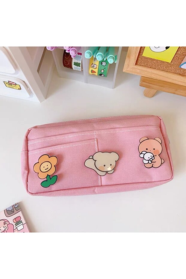 Kawaii Pink Multi-Compartment Pencil Case – Large Capacity Zippered Organizer Pen Holder (Ornaments on Top Not Included)