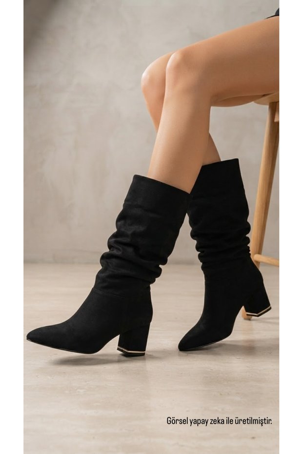 Black Suede Bellows Pointed Toe Women's 6.5 cm Thick Heeled Boots