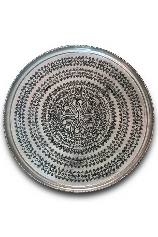 67 cm Hand-Embroidered, Authentic Patterned, Thick Urfa Copper Tray with Tin - Copper-Tps699