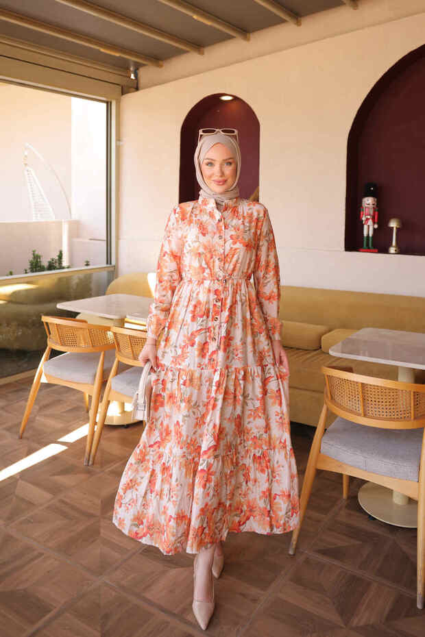 Orange Half Buttoned Sleeves Elastic Skirt Layered Dress