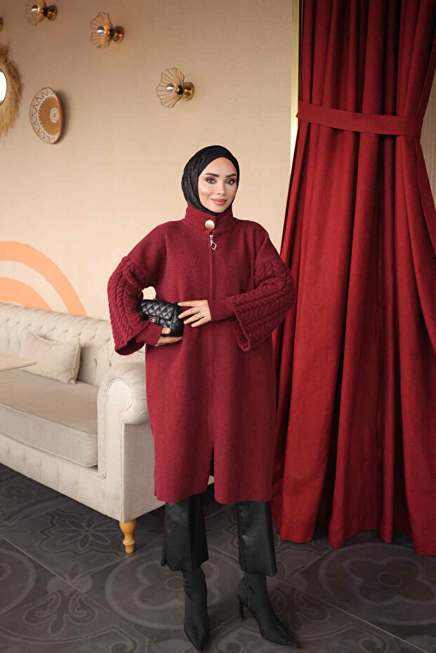 Burgundy Zippered Double Sleeve Felt Cardigan