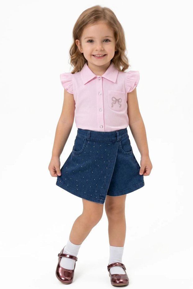 Girl's Pink Stone-Embellished Bow Shirt and Stone-Embellished Denim Shorts with Skirt 2-Piece Set