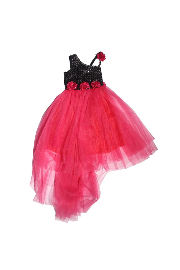 Girl's Fuchsia Black Single Sleeve Rose Glitter Evening Dress
