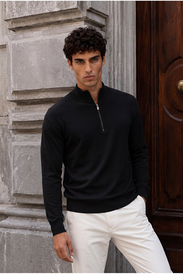 Lorenzo Premium High Collar Viscose Half Zipper Men's Knitwear Sweater - Black