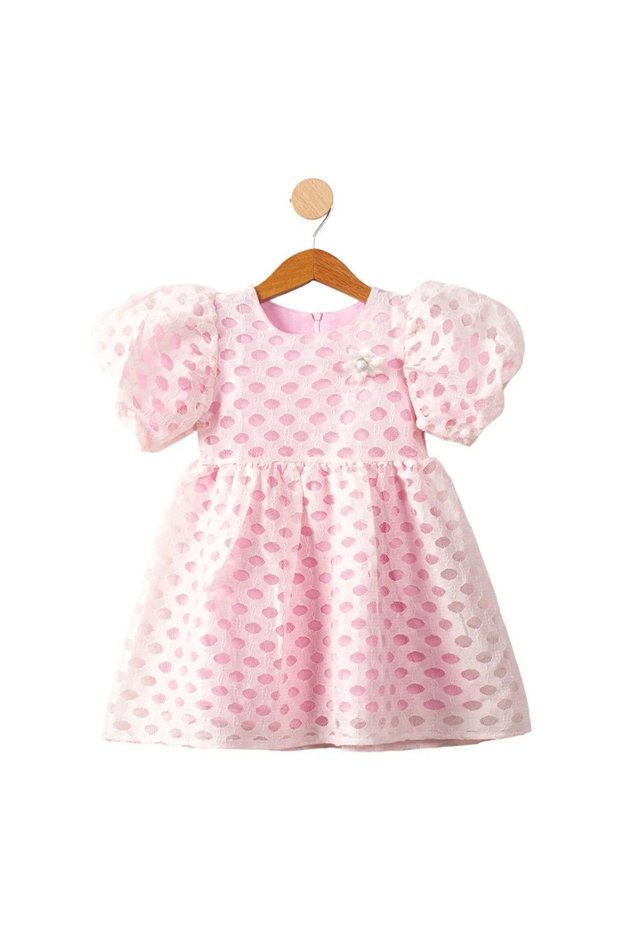 Girl's Pink Tulle Spotted Collar Floral Dress
