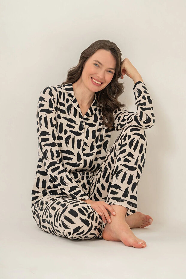 Women's Pajama Set, Combed Modal, 50% Cotton 50% Modal, Shirt Collar, Front Buttoned, with Pockets