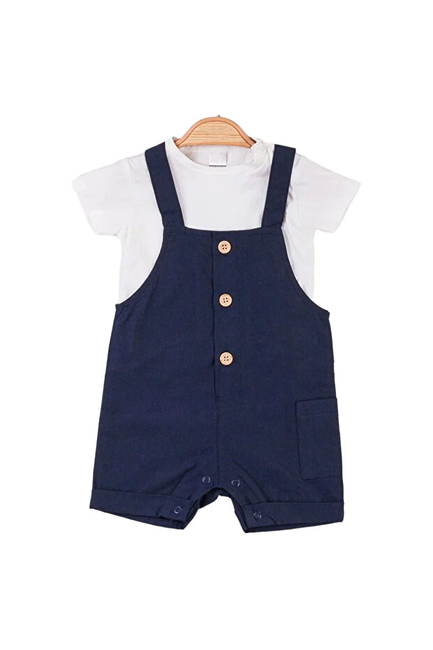 Baby Boy Ecru T-Shirt Navy Buttoned Salopet Suit