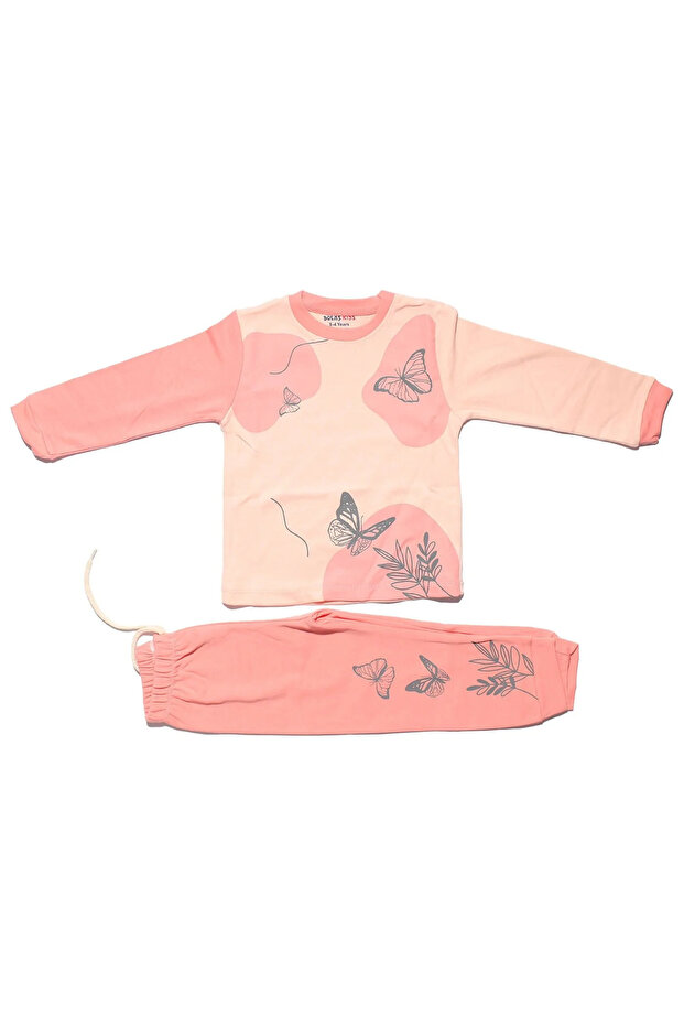 Girl's Salmon Pink Butterfly Printed Pajamas Set of 2