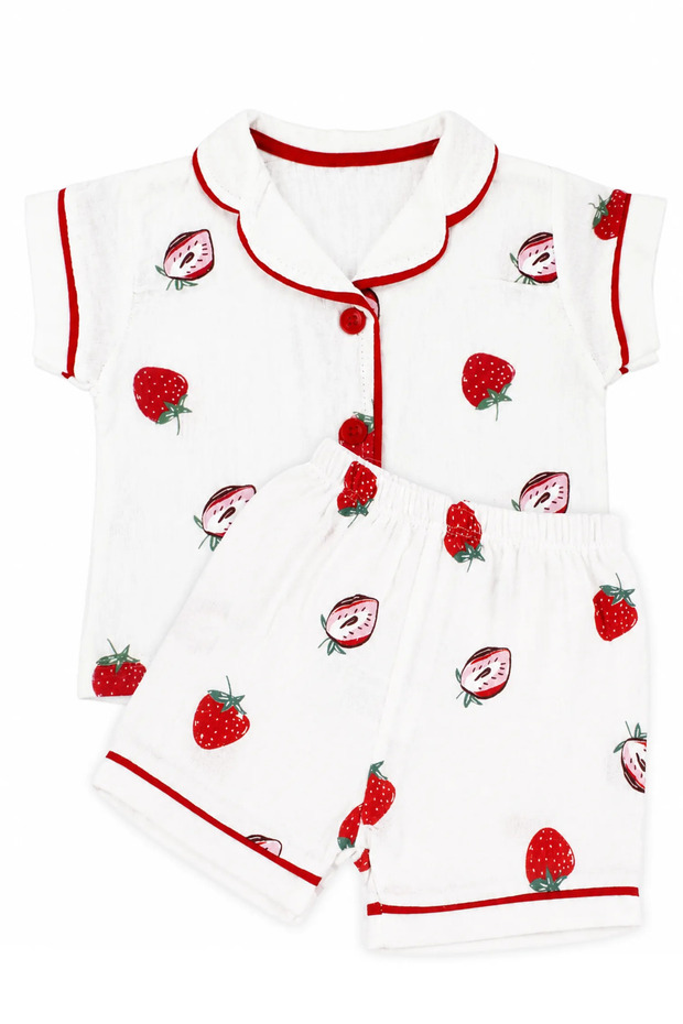 Baby Girl White Red Strawberry Printed Muslin Shorts Pajama Set