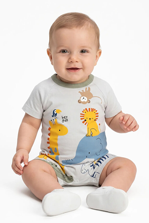 Baby Boy Gray Yellow Blue Giraffe Animal Printed Jumpsuit