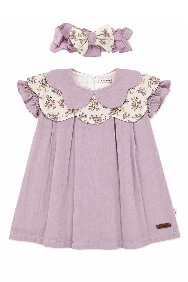 Baby Girl Ecru Lilac Floral Collared Bandana Muslin Dress