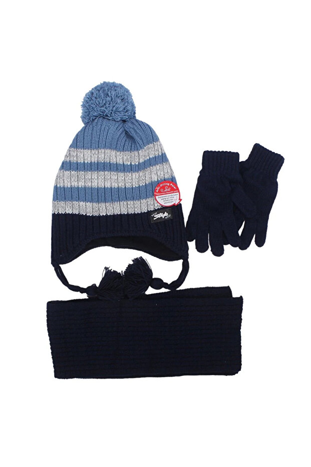 Boy's Navy Blue Striped Pompom Knitwear Gloves Scarf Beanie Set 4-8 Years