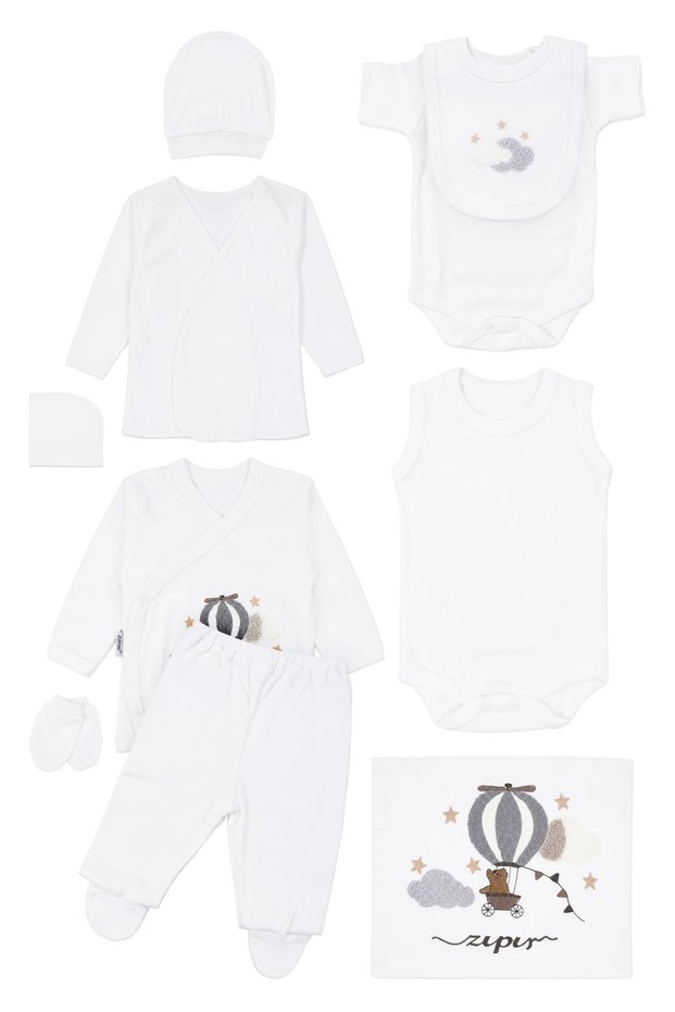 Baby Boy Natural 100% Cotton Ecru Gray Flying Balloon Embroidered 10 Piece Hospital Discharge Set
