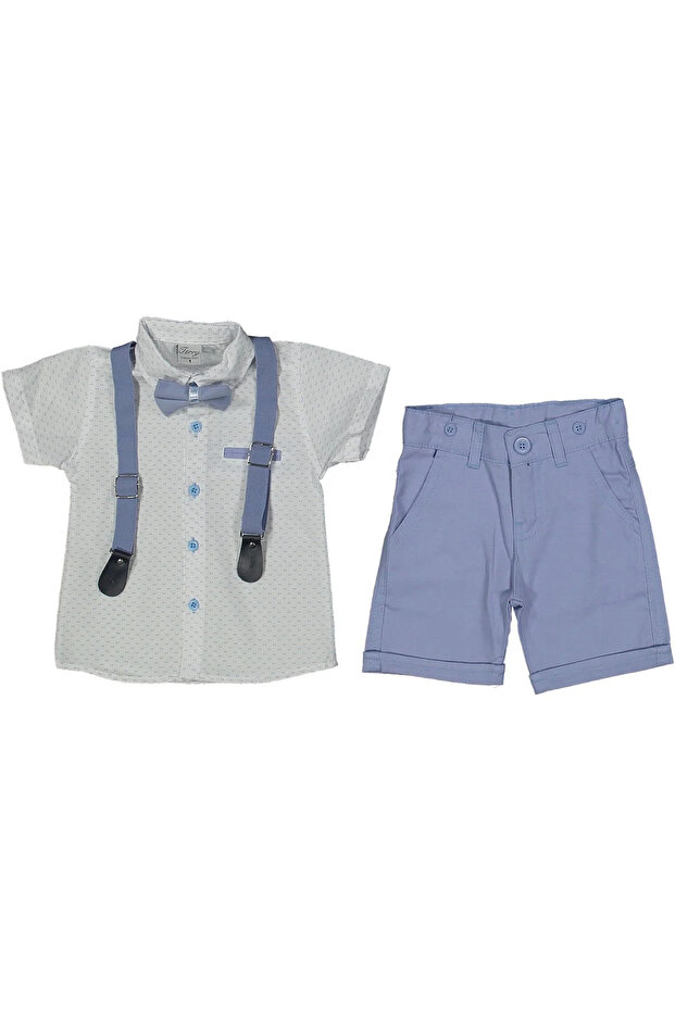 Boy's White Patterned Shirt, Blue Shorts and Bow Tie Strap Suit