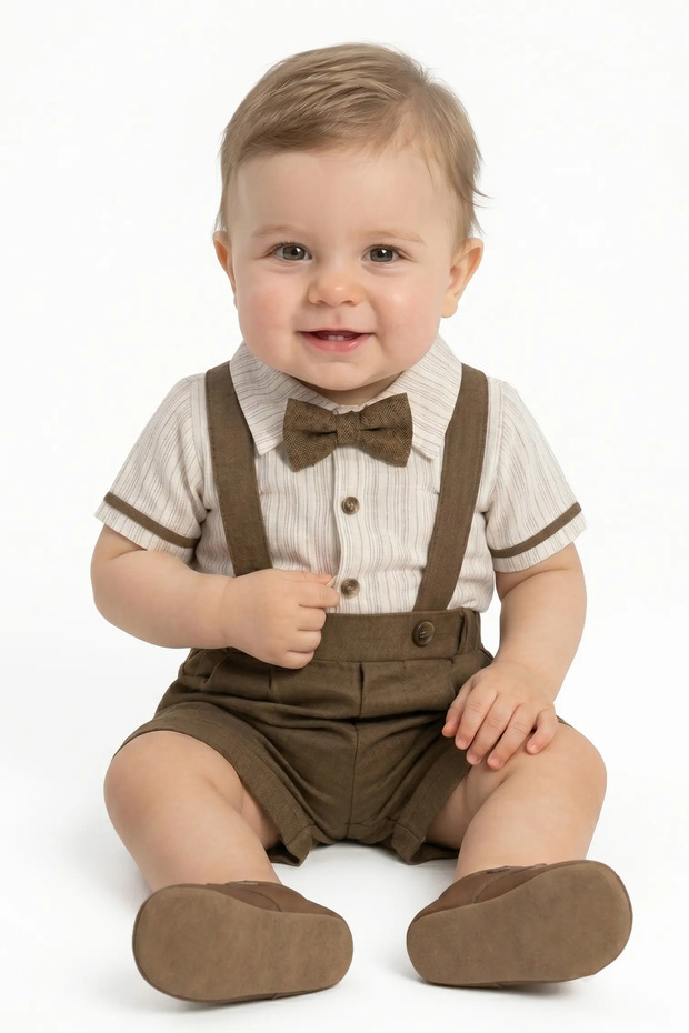 Baby Boy Ecru Brown Striped Shirt and Bow Tie Salopet Set