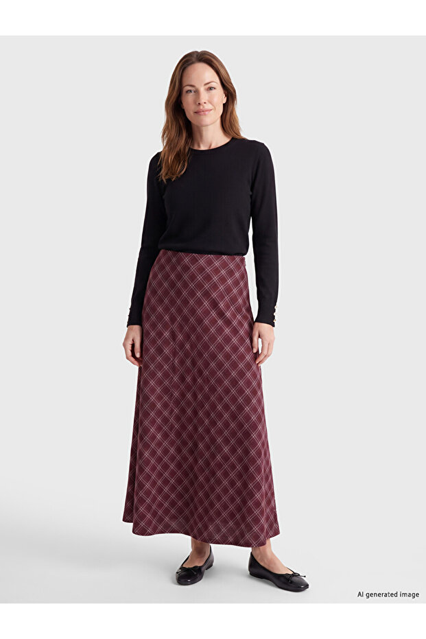 Özmarka New Season Burgundy Waist Zippered Diamond Patterned Flared Skirt