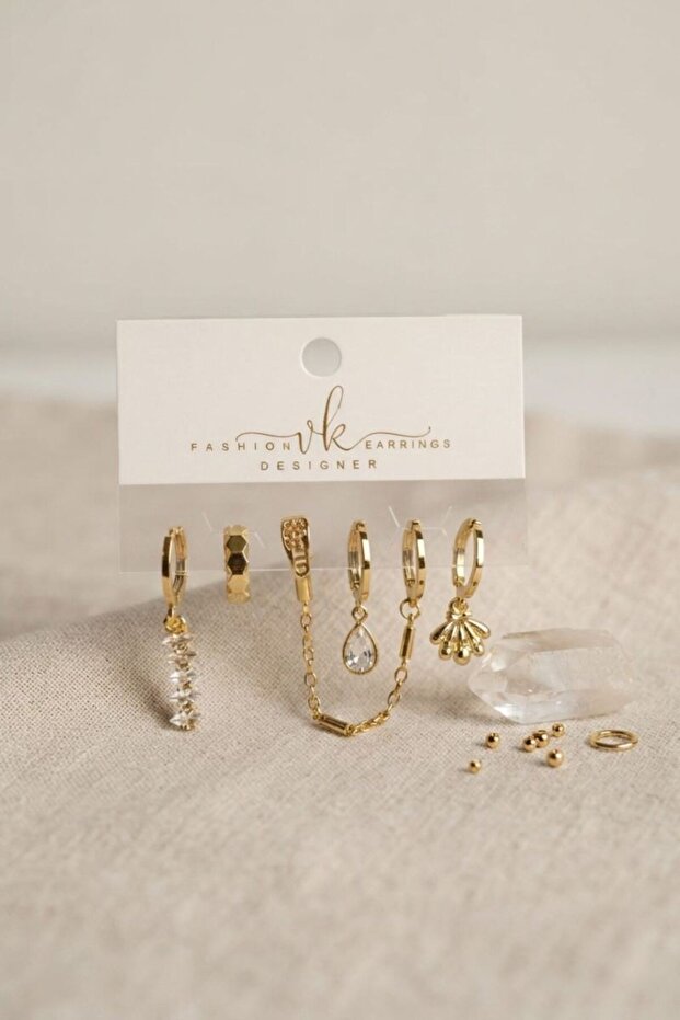 Gold Color Brass Zircon Stone Detailed 6-Piece Earring Combination Set