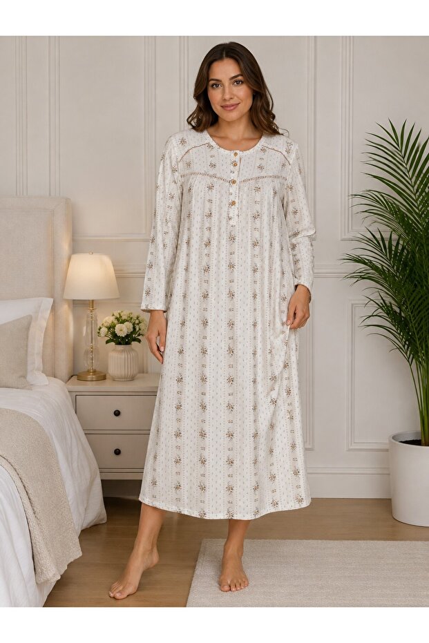 100% Cotton Long Sleeve Button Collar Oversized Women'S-Mother's Long Length Nightgown