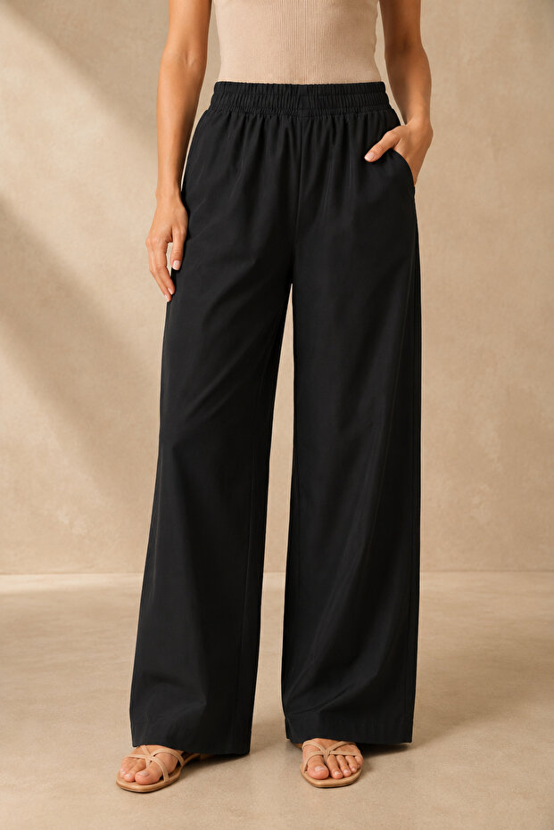 Women's Elastic Waist, Pockets, Parachute Texture, Wide Leg, Comfortable Cut Trousers