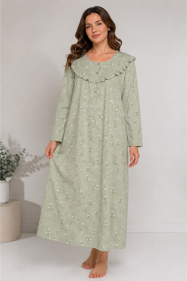 Long Sleeve 100% Cotton Floral Patterned Oversized Women's Nightgown