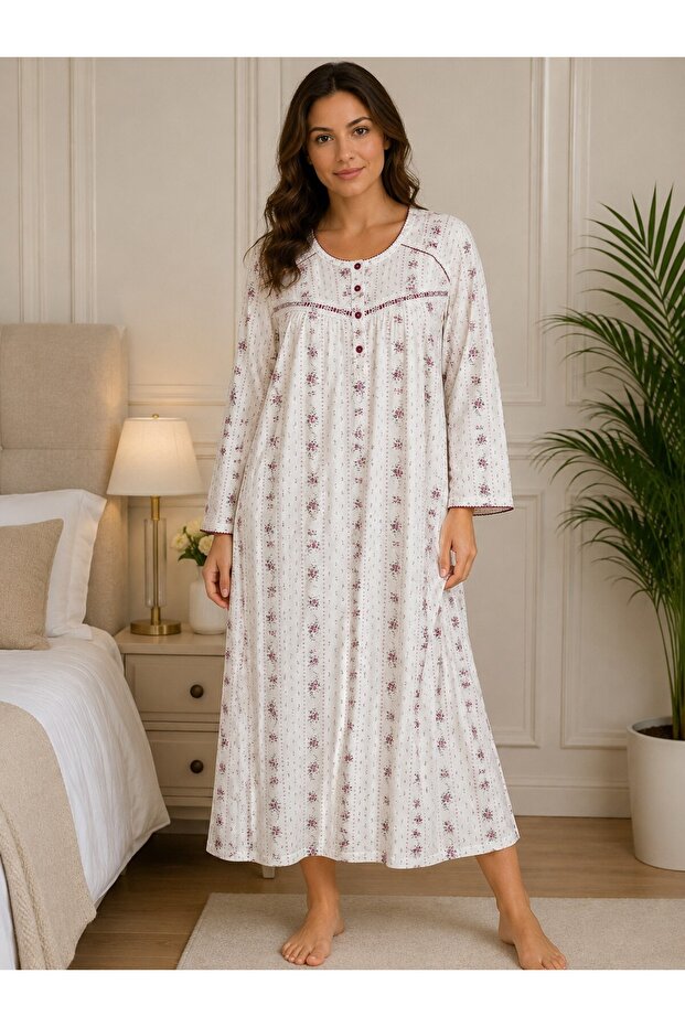 100% Cotton Long Sleeve Button Collar Oversized Women'S-Mother's Long Length Nightgown