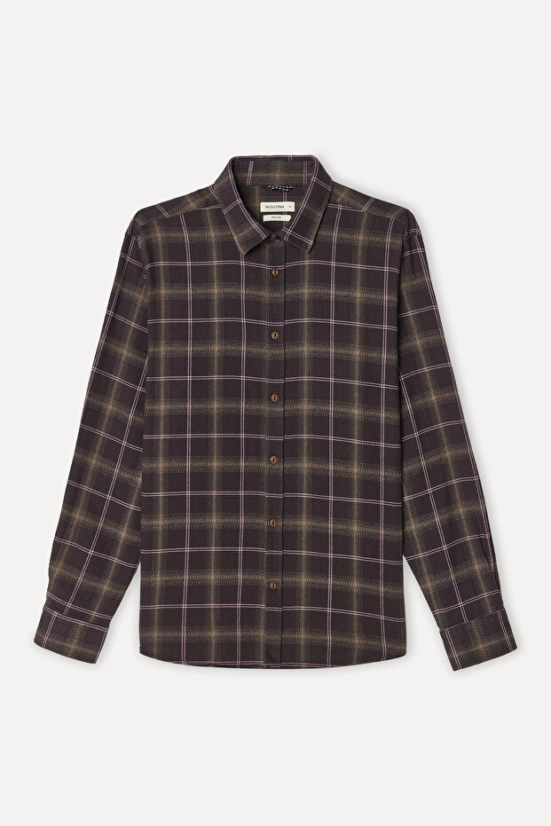 Men's Brown Plaid Regular Fit Long Sleeve Shirt