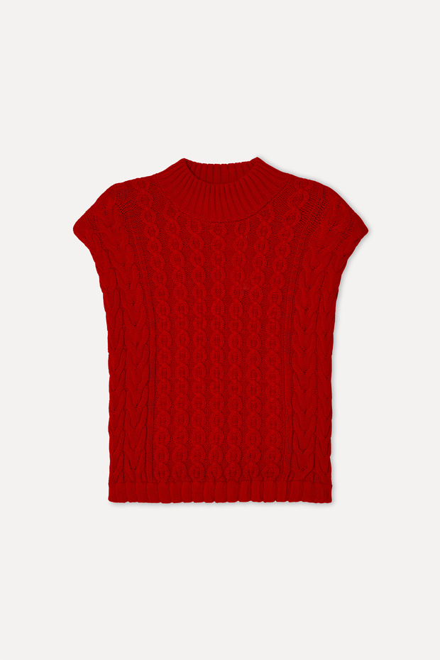 Women's Red Hair Braided Fitted High Neck Sweater