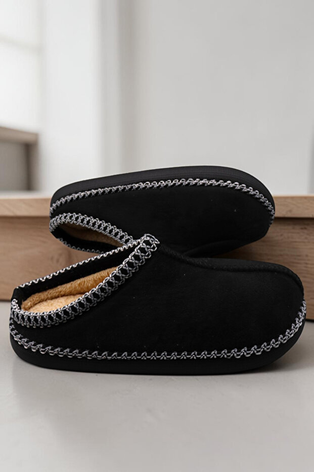 Women'S, Suede Textured Slippers. Fur Inside, Embroidery Detail, Warm Soft Sole House Slippers