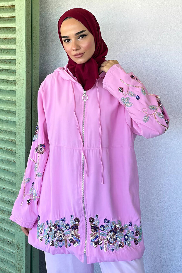 Pink Beaded Embroidered Hooded Hijab Cap