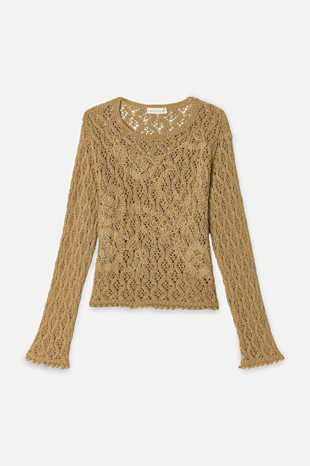 Women's Beige Jacquard Loose Fit Crew Neck Sweater