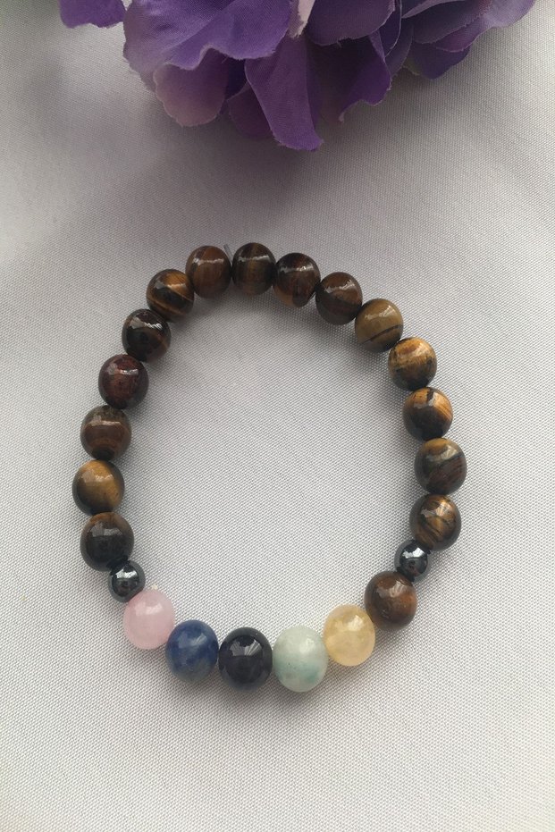 Certified Chakra Natural Stone Bracelet - Tiger's Eye, Citrine, Pink Quartz, Sodalite, Amethyst, Amazonite
