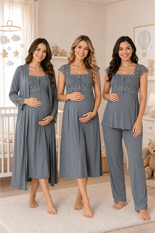 Cotton Nightgown and Pajama Set with Nursing Features, 4-Piece Maternity and Postpartum Set