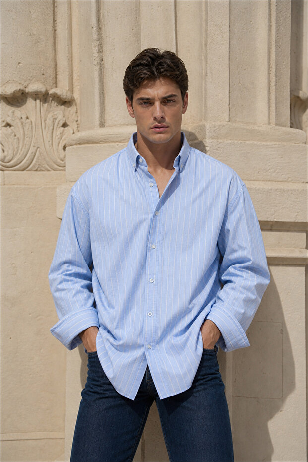 Men's A.Blue Striped Long Sleeve Linen Look Oversize Shirt