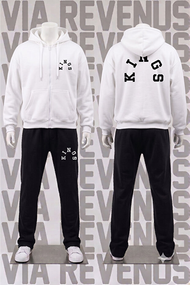 Kings Printed Zippered Hooded Tracksuit Set - Relaxed Fit 3 Thread Zippered Sweatshirt and Sweatpants Set