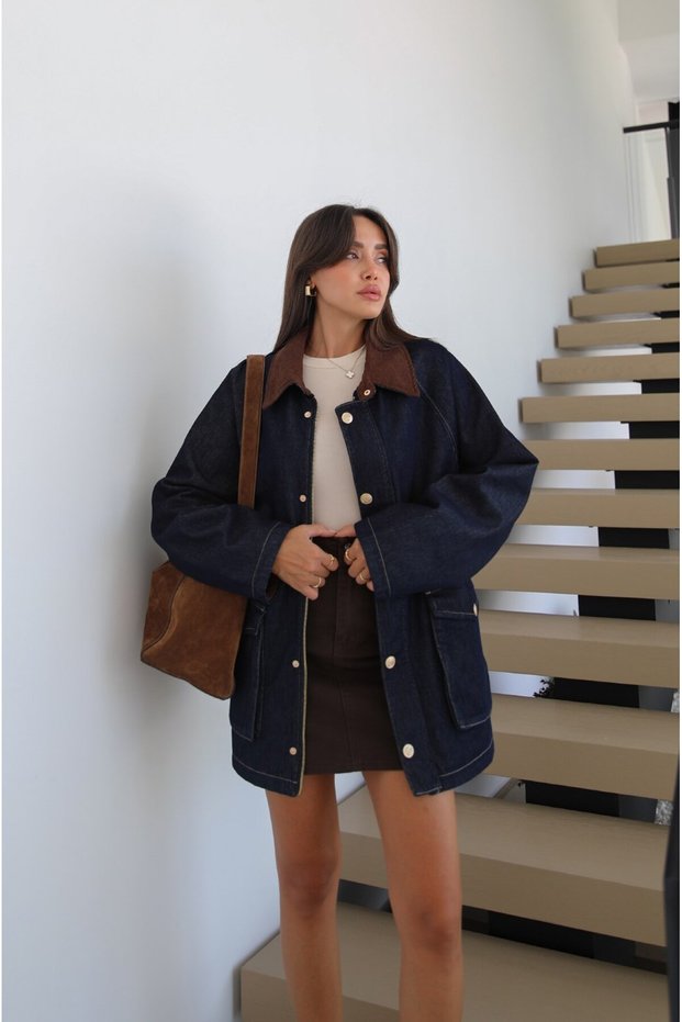 Navy Blue Velvet Collar Denim Jacket