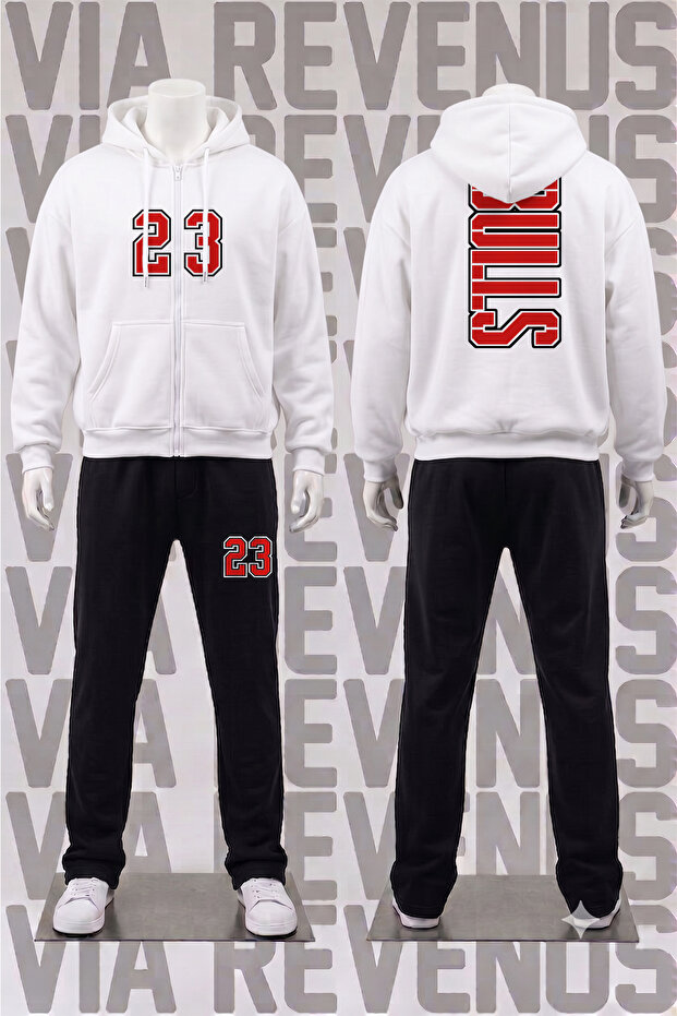 Bulls Printed Zipper Hooded Tracksuit Set - Relaxed Fit 3-Thread Zipper Sweatshirt and Sweatpants Set