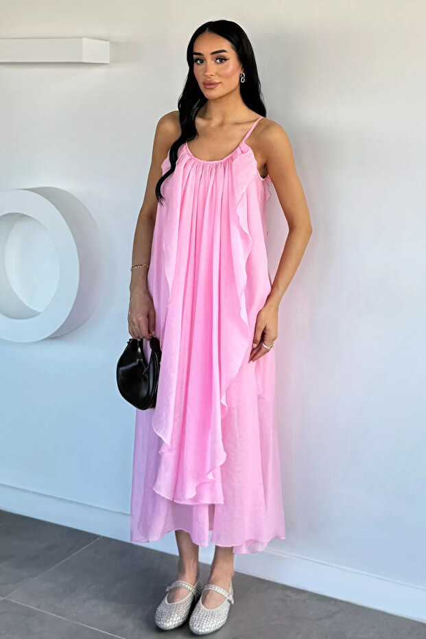 Pink Perry Women's Adjustable Strap Ruffle Dress
