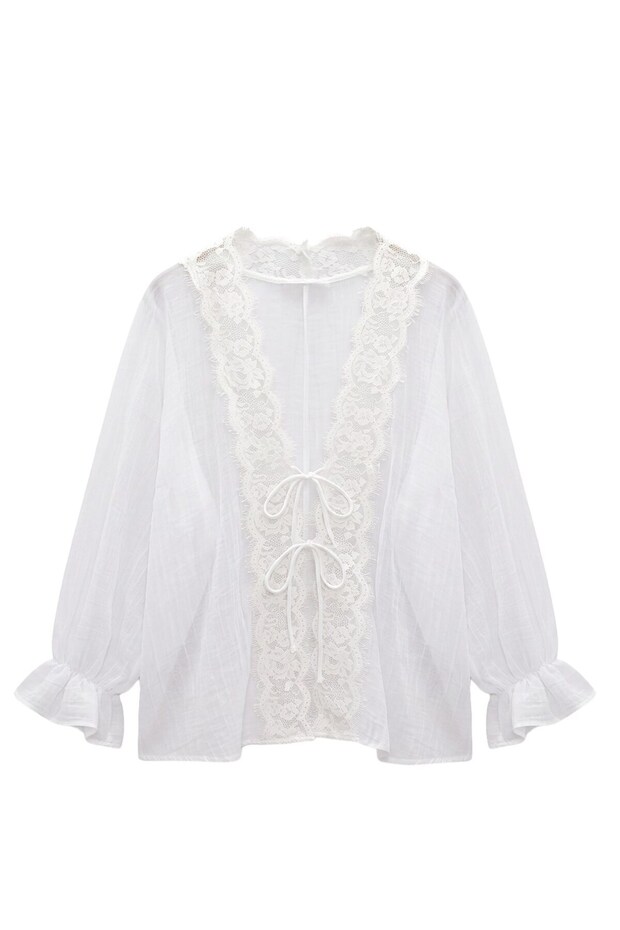 White Transparent Blouse with Tie Detail
