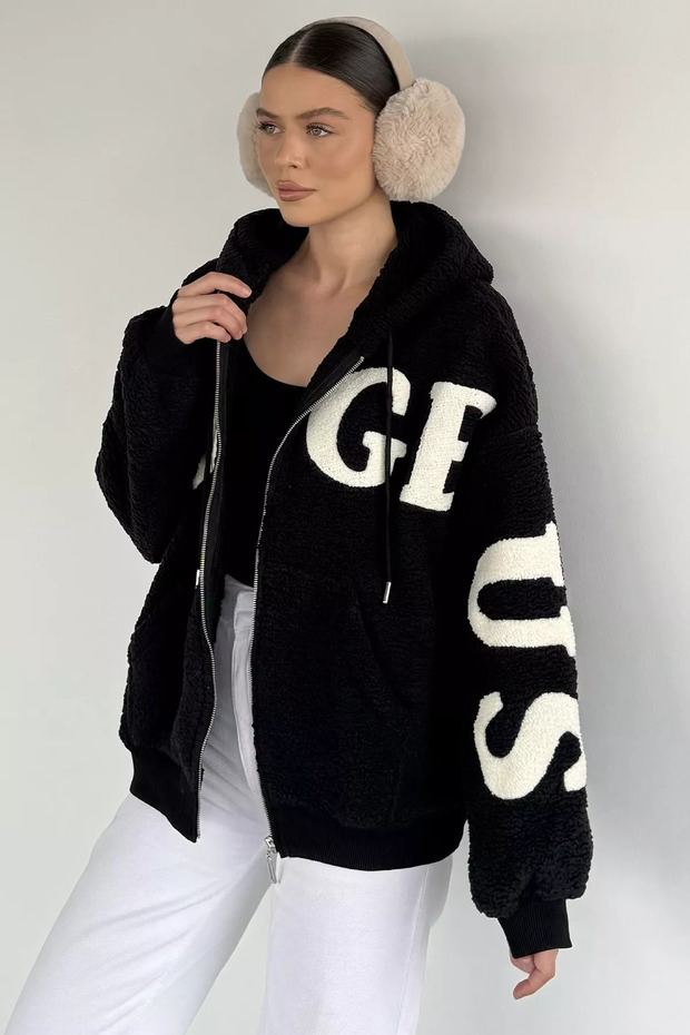 Black Women's Hooded Double Pocket Plush Jacket