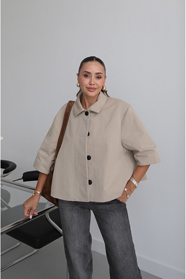 Beige Hidden Button Short Jacket