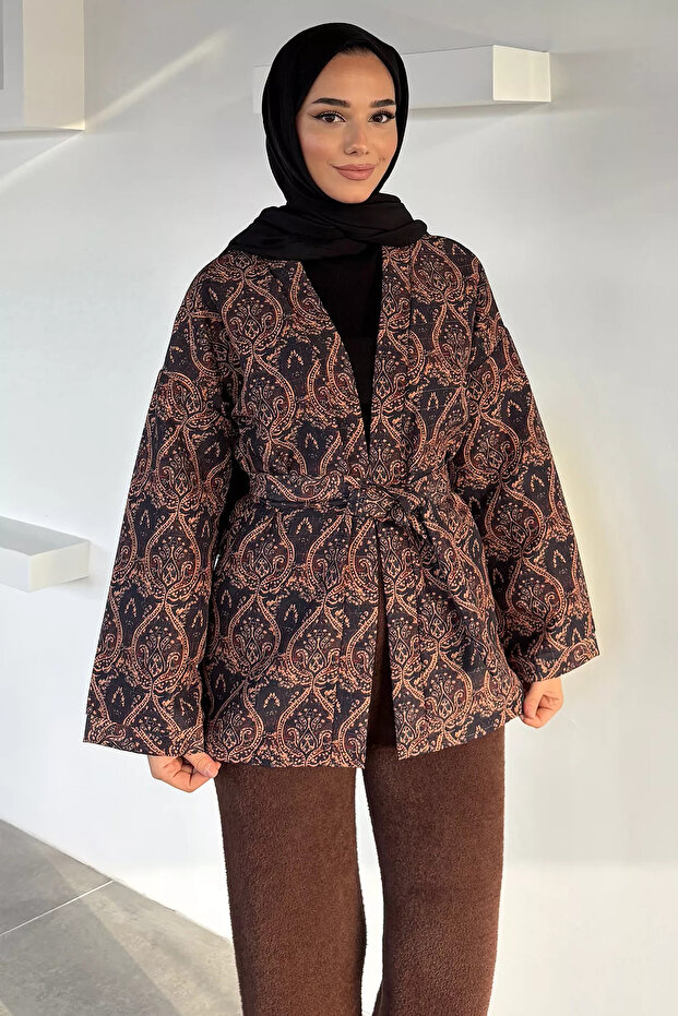 Brown Belted Ethnic Pattern Quilted Hijab Jacket