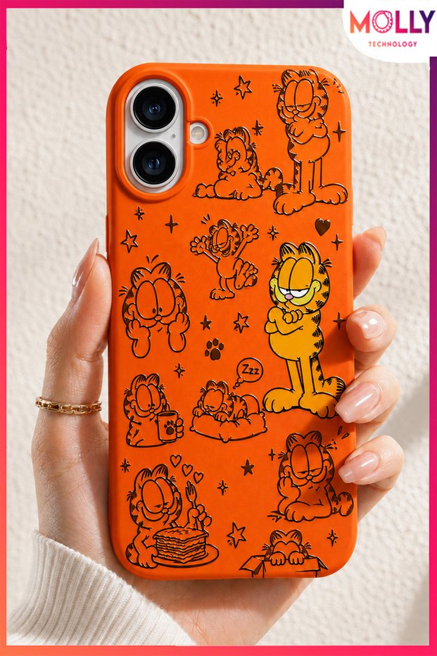 غطاء سيليكون مخملي من الداخل بنمط Orange Garfield Lazy Days لهاتف iPhone 17