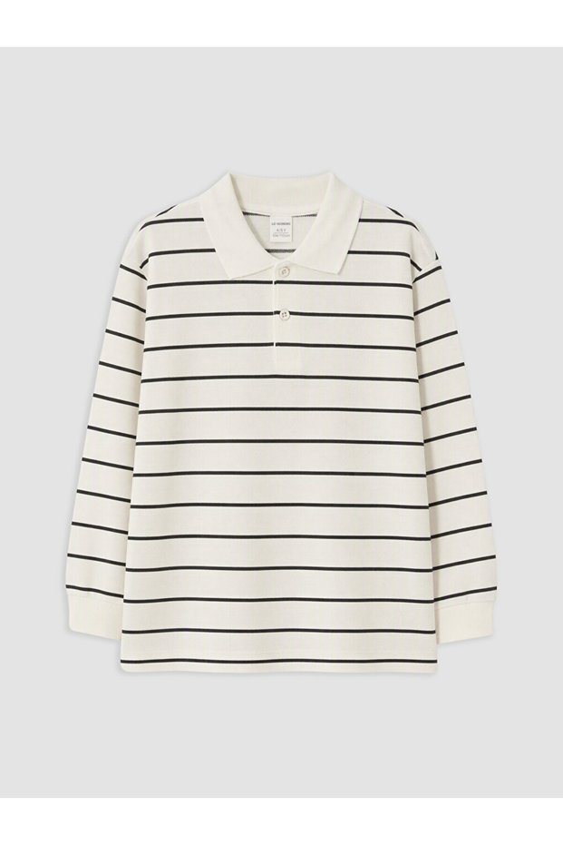 Vizyon New Season Beige Polo Collar Striped Boys' T-Shirt