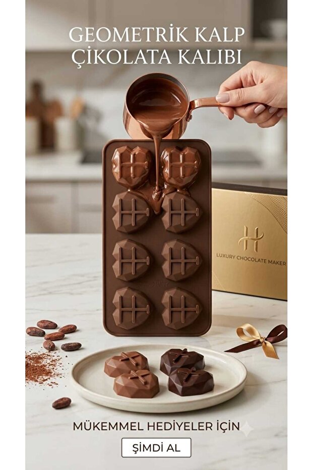 3D Geometric Heart Silicone Chocolate and Cake Mold - 8 Cavity, Heat Resistant