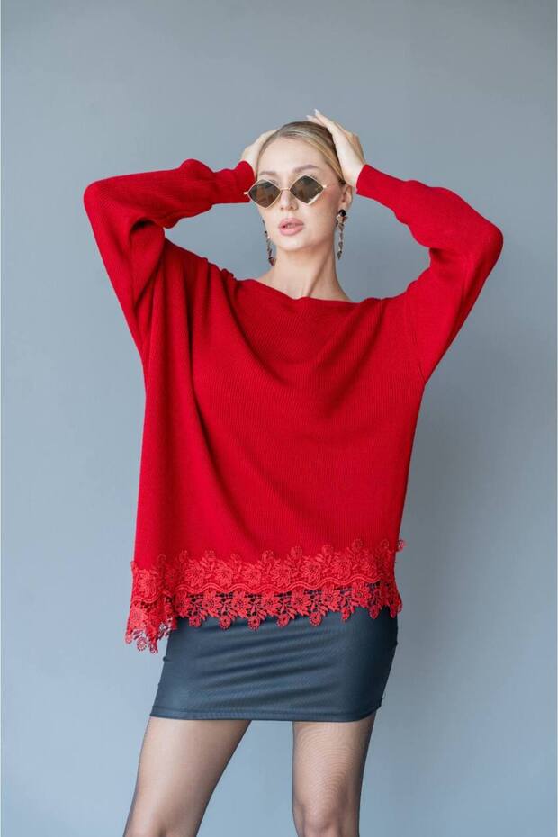 Boat Neck Lace Hem Detail Asymmetrical Cut Long Sleeve Oversize Knitwear Sweater Aw26Kz00033