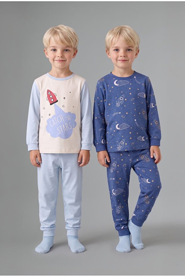 100% Cotton Space Patterned Long Sleeve Top Elasticized Leg 2-Piece Pajama Set Baby Boy I1441A526Au