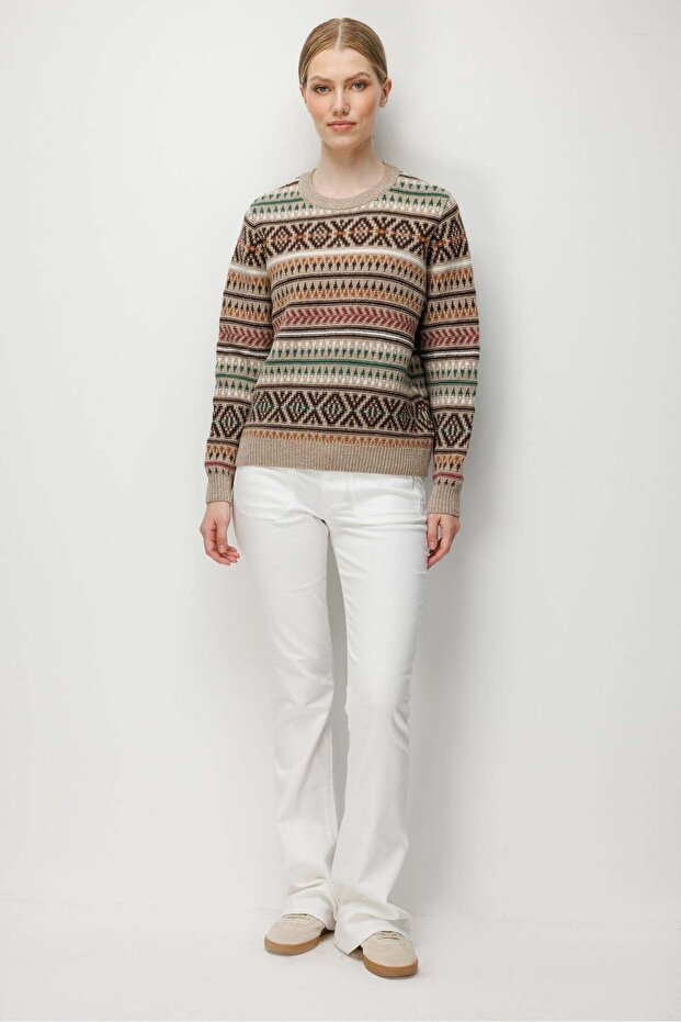 Women's Crew Neck Kilim Patterned Jacquard Wool Sweater Dark Beige