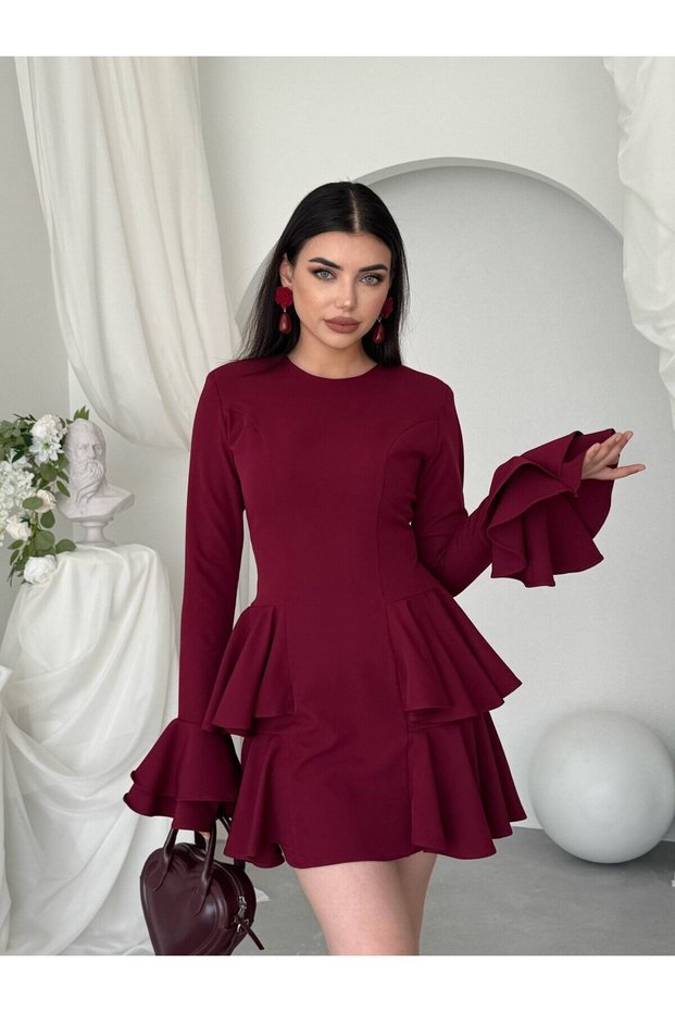 Women's Burgundy Flounce Mini Dress Crew Neck Long Sleeve Peplum Cut